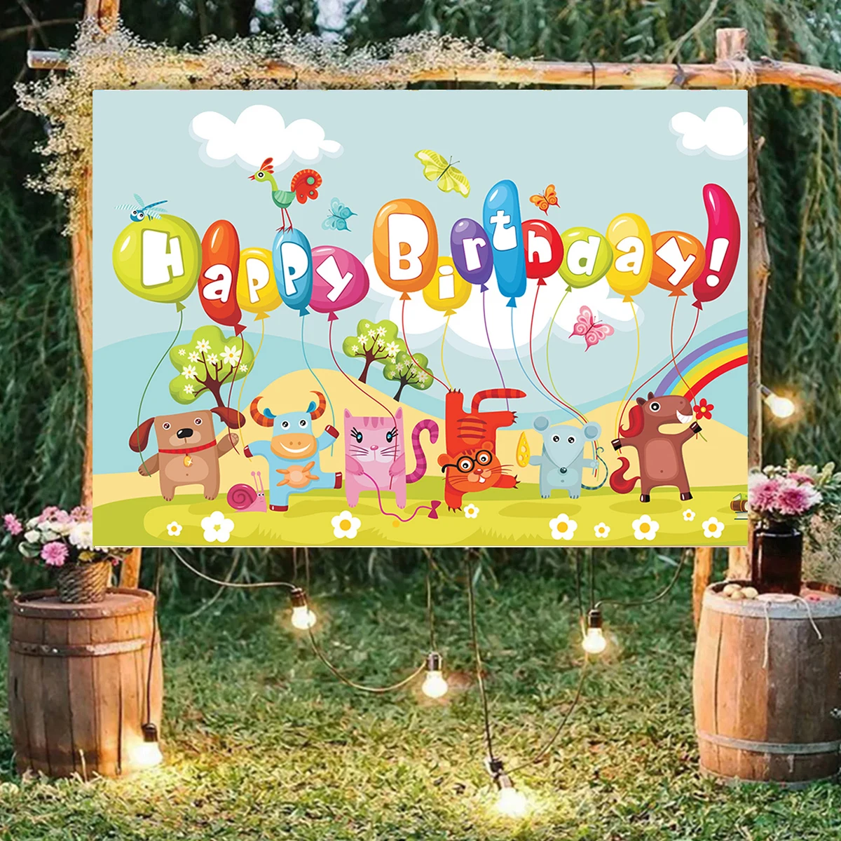 

Cute Cartoon Animal Happy Birthday Backdrop Newborn Welcome Party Decor Background Coloful Balloon Potograph Backdrop
