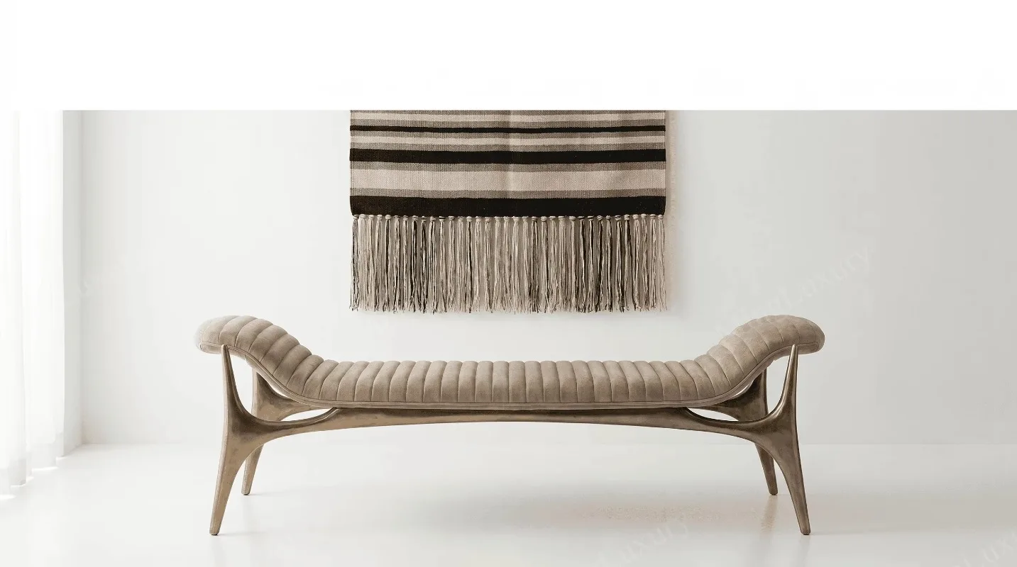 High-end handmade lightweight velvet upholstered bench with gold metal frame, suitable for hotel lobby villas