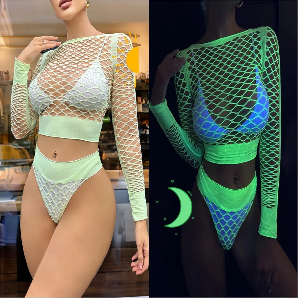 Fluorescent green glow in the dark hollow bikini two-piece set fishing net fun women's hood Beach swimsuits woman 2025 Sex shop - Image 3