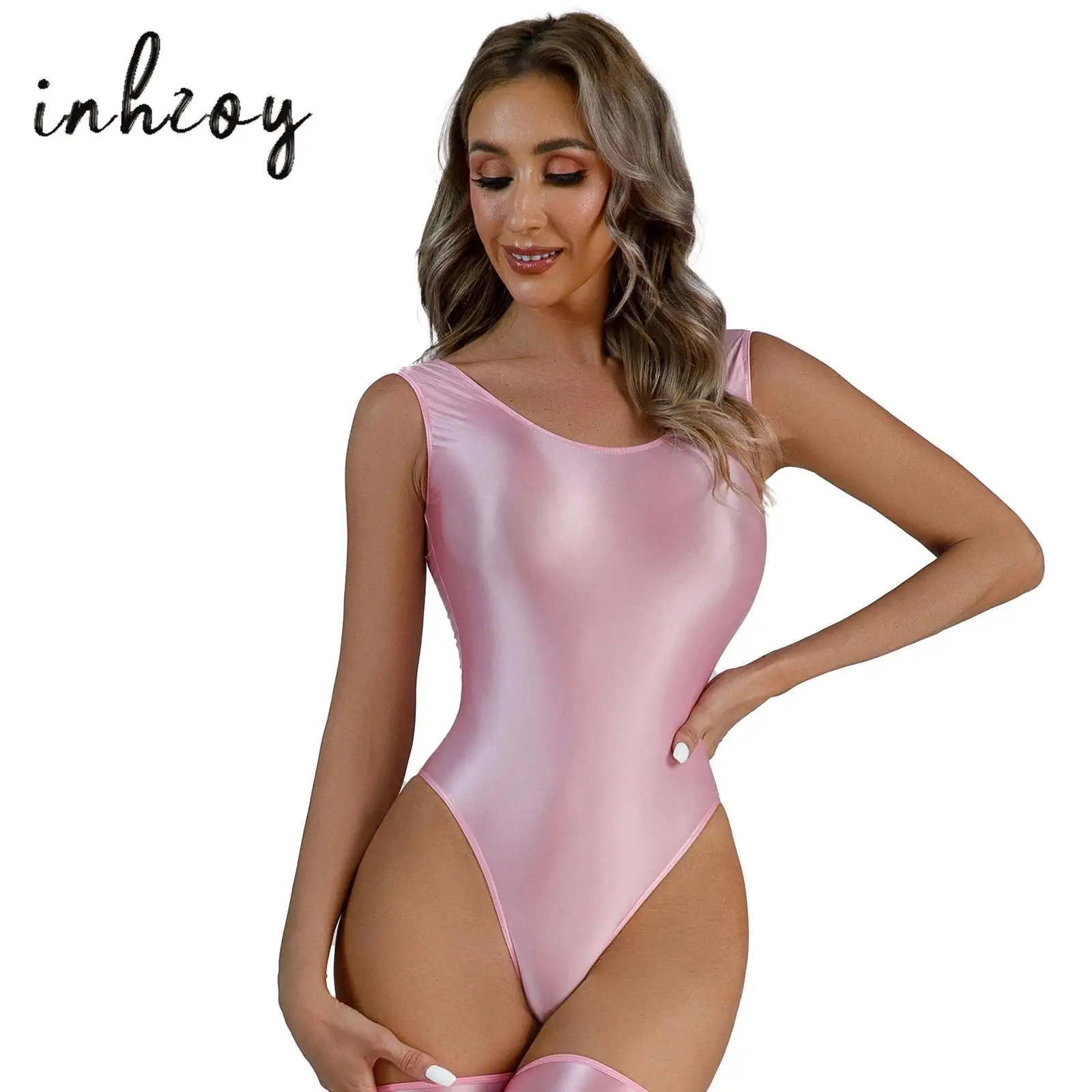 

Womens Shiny Glossy High Cut Thong Leotard Sleeveless Oil Smooth Elastic Bodysuit Tights Jumpsuit Pole Dance Underwear Swimwear