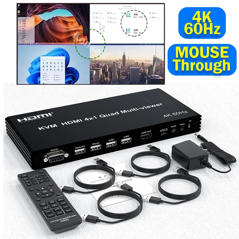 4 Port HDMI KVM Multi Viewer Switch 4 in 1 Out 4K 60Hz HDMI USB Quad 4x1 PIP 90° Flip for 4 PC Share USB Keyboard Mouse Monitor