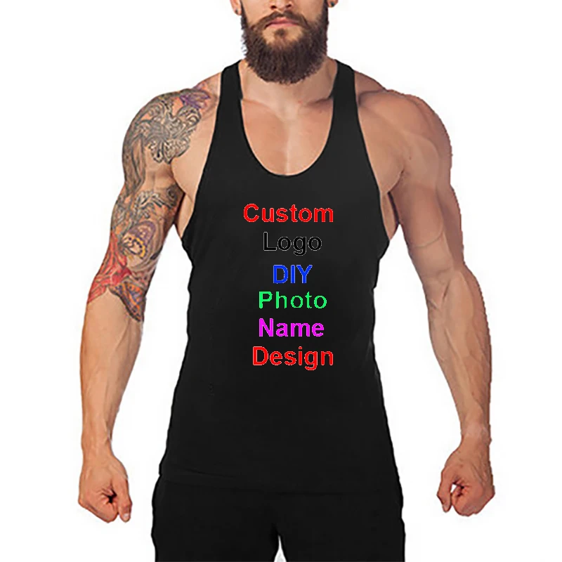 DIY Logo Photo Name Design Customized Summer Fitness Mens Bodybuilding Stringer Tank Top Gym Clothing Cotton Sleeveless Shirt