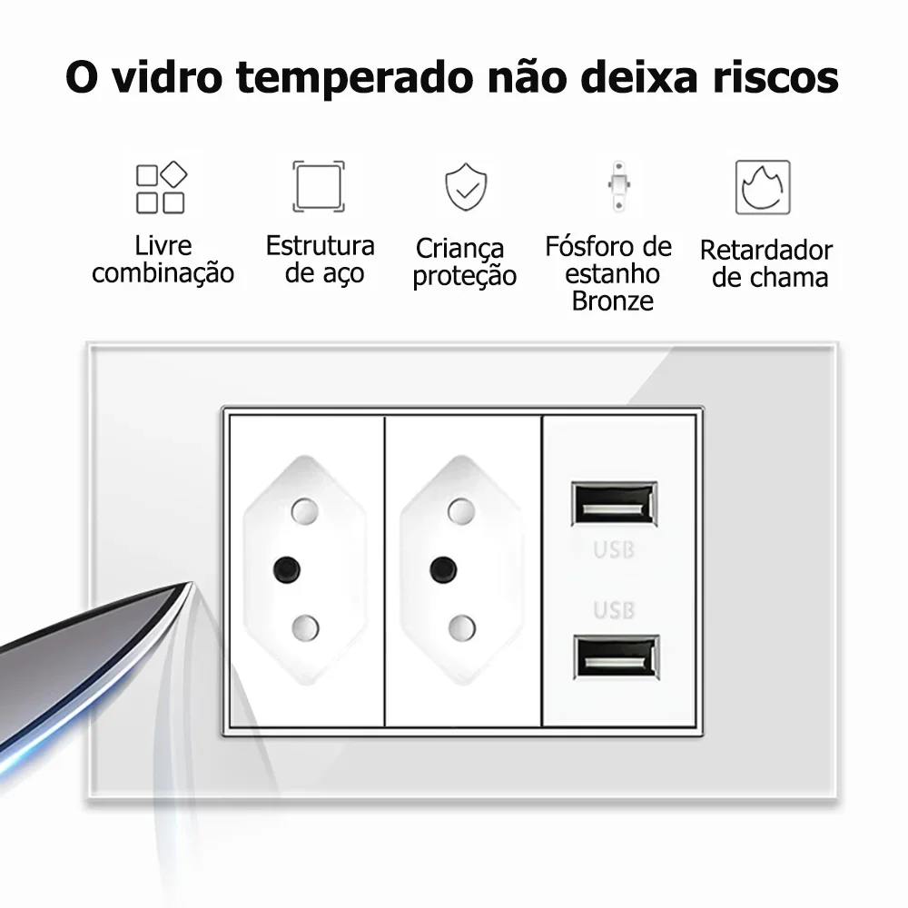 EIOMR White Tempered Glass USB Type C Brazil Standard Outlet, USB Charge TV TEL CAT6 Port, Brazil Plug Wall Socket Light Switch image 3