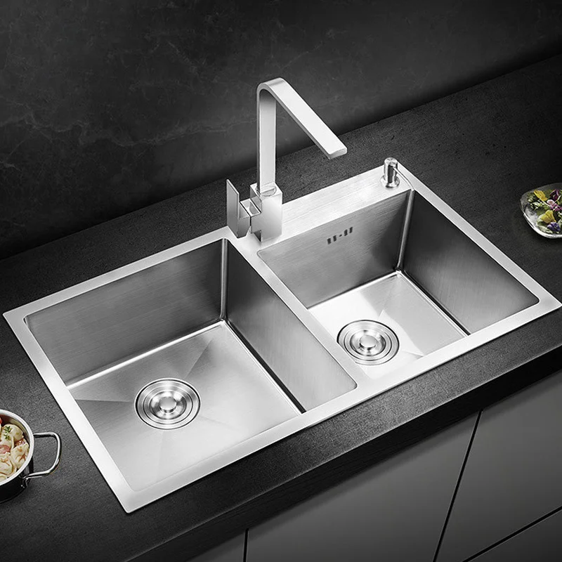 High Quality Thickened  Stainless Steel Kitchen Sink with Double Bowl Silvery Stainless Steel Kitchen Workstations Sink