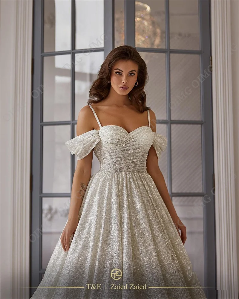 Oimg Glitter Lange A Lijn Bruidsjurken Plus Size Custom Gemaakt Liefje Off Shoulder Glanzende Koningin Bruid Bruidsjurk Jurk Jurk