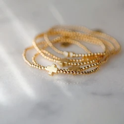 Vlen Cross Charm Bracelet Baptism Gifts Beaded Bracelets for Women 18 K Gold Plated Beads Jewelry Tiny Pulseras