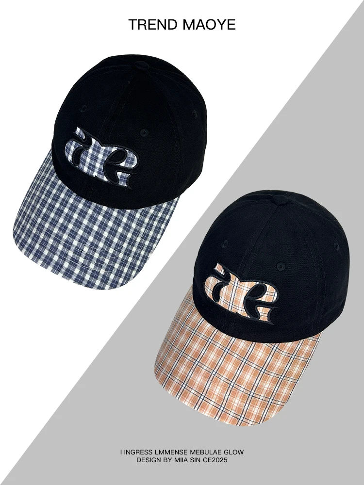 

Splicing plaid letter baseball cap women's summer new soft top big head circumference versatile hip hop cap men