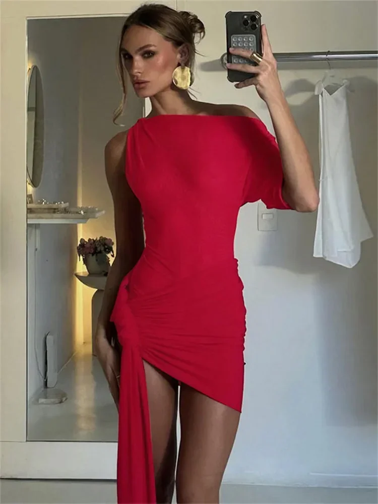 섹시한 여름 슬림 미니 드레스 여성 높은 허리 짧은 소매 한 어깨 패치 워크 파티 드레스 여성을위한 Y2k Bodycon 드레스