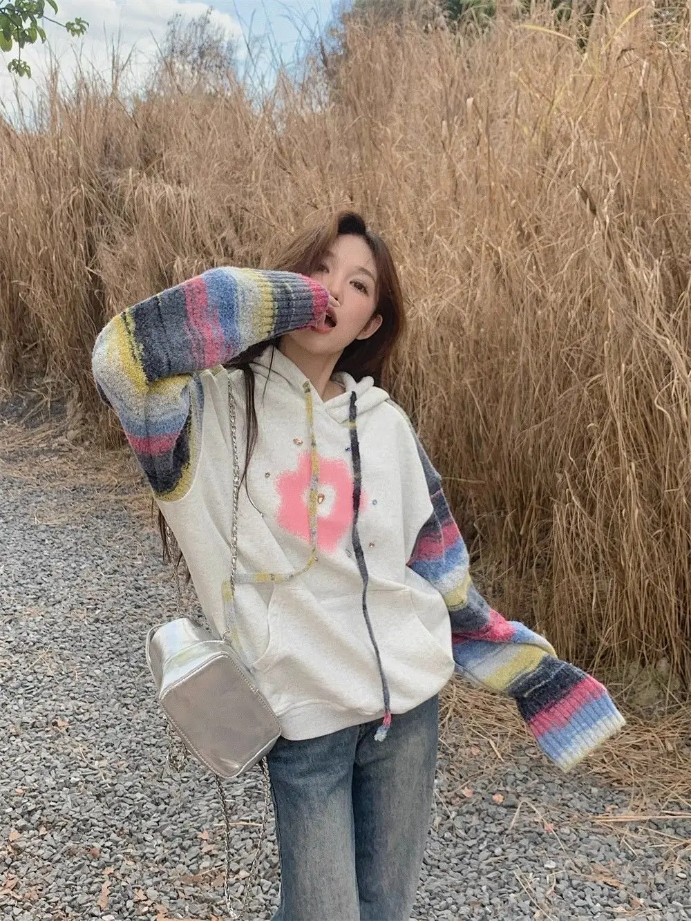 

Onalippa серая полосатая вязаная лоскутная толстовка с капюшоном осень-зима новая коллекция ленивая ниша простой повседневный универсальный топ