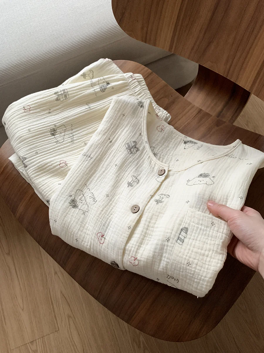 女性の綿ナイトガウンラウンドネックホーム服上着春秋漫画かわいい小さな犬二重層快適