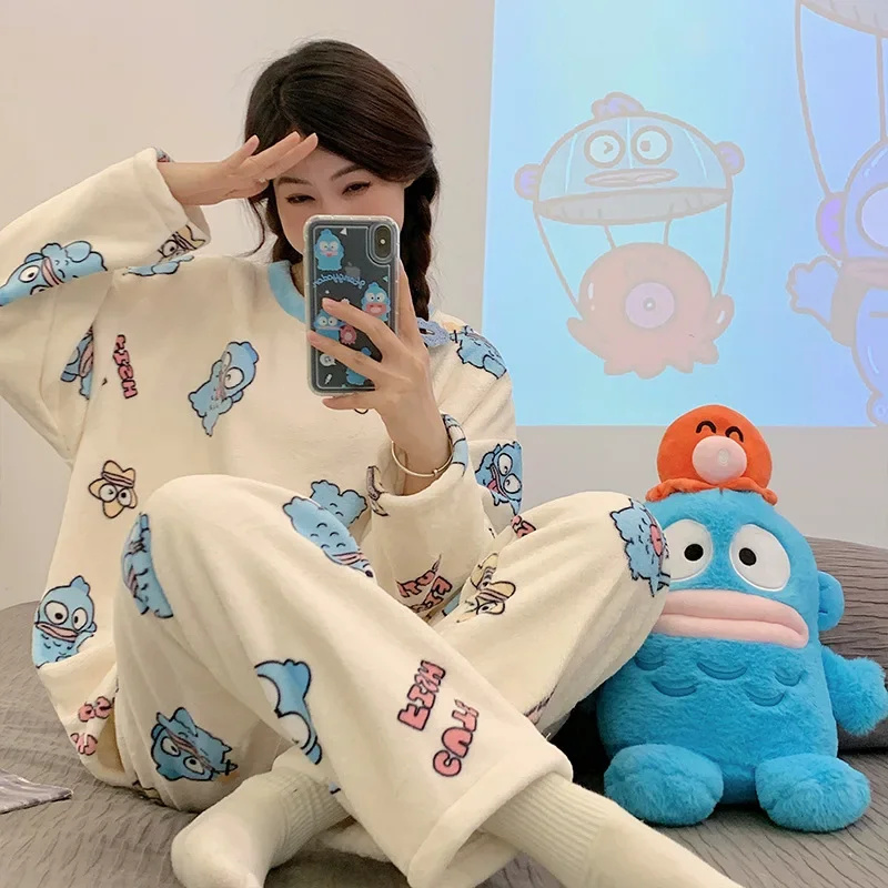 Sanrio Hello Kitty's new flannel crew neck pullover pajamas autumn and winter thin velvet cartoon cute girl loungewear