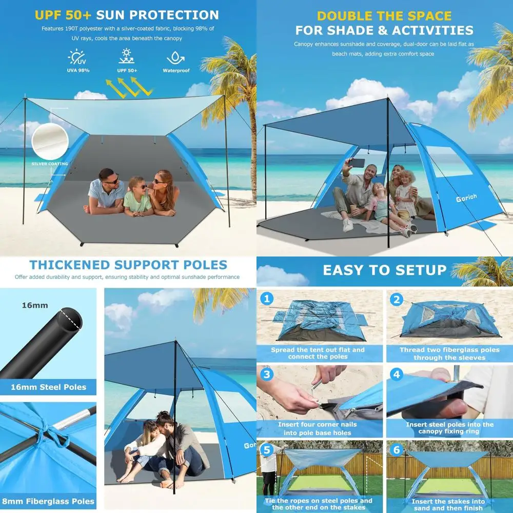 

Portable Beach Tent with UPF 50+, 3-8 Person Sun Shelter, Easy Setup, Lightweight Family Cabana