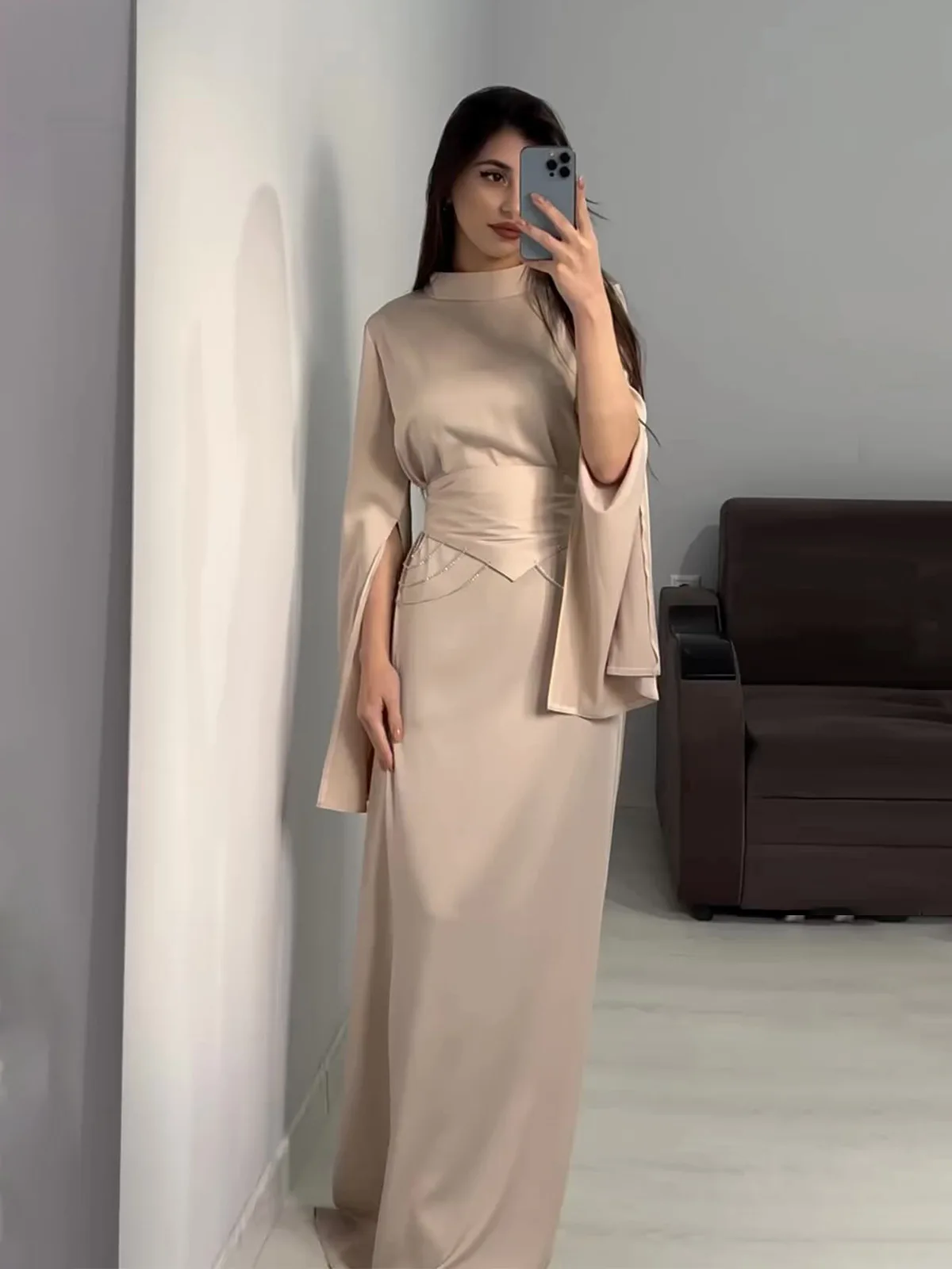 Vestido de fiesta musulmán Eid para mujer, Abaya de satén, ajustado, manga dividida, Jalabiya, Ramadán, largo, 2024