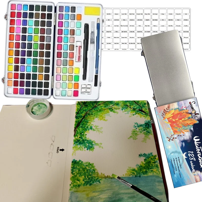 

128 Color Solid Watercolor Paint Gift Box Good Water-soluble for Outdoor Sketching Professional Painting Students' Gifts