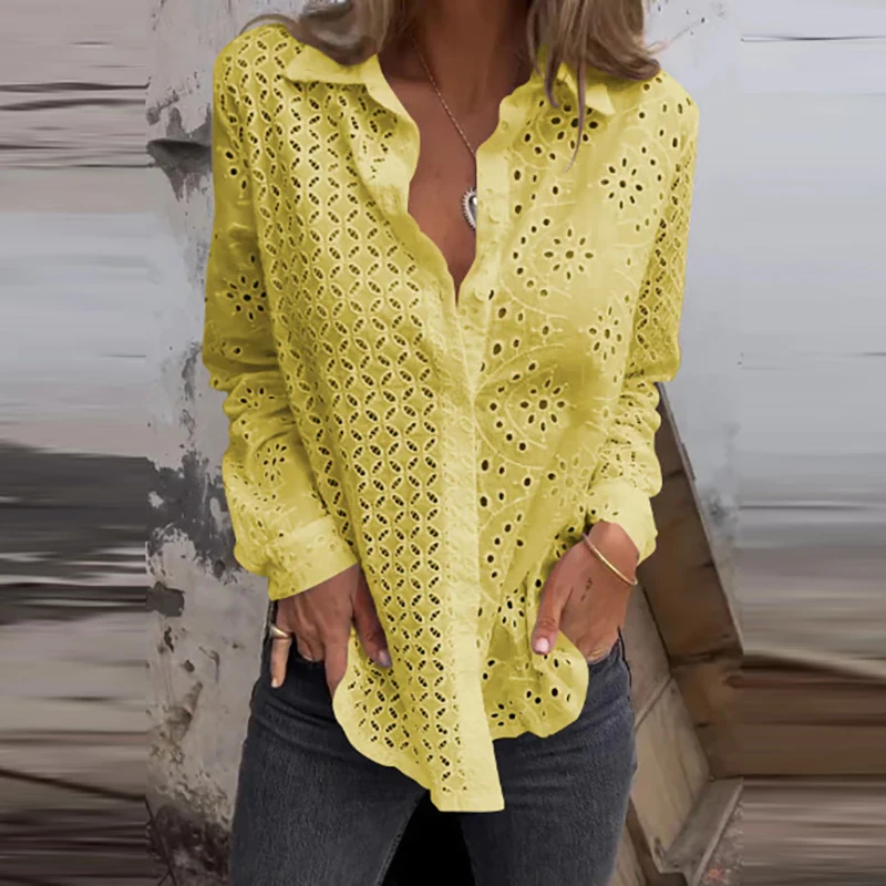 

Рубашка женская однотонная с отложным воротником, офисный топ свободного покроя на пуговицах, элегантная повседневная блузка с длинным рукавом, весна-лето 2024