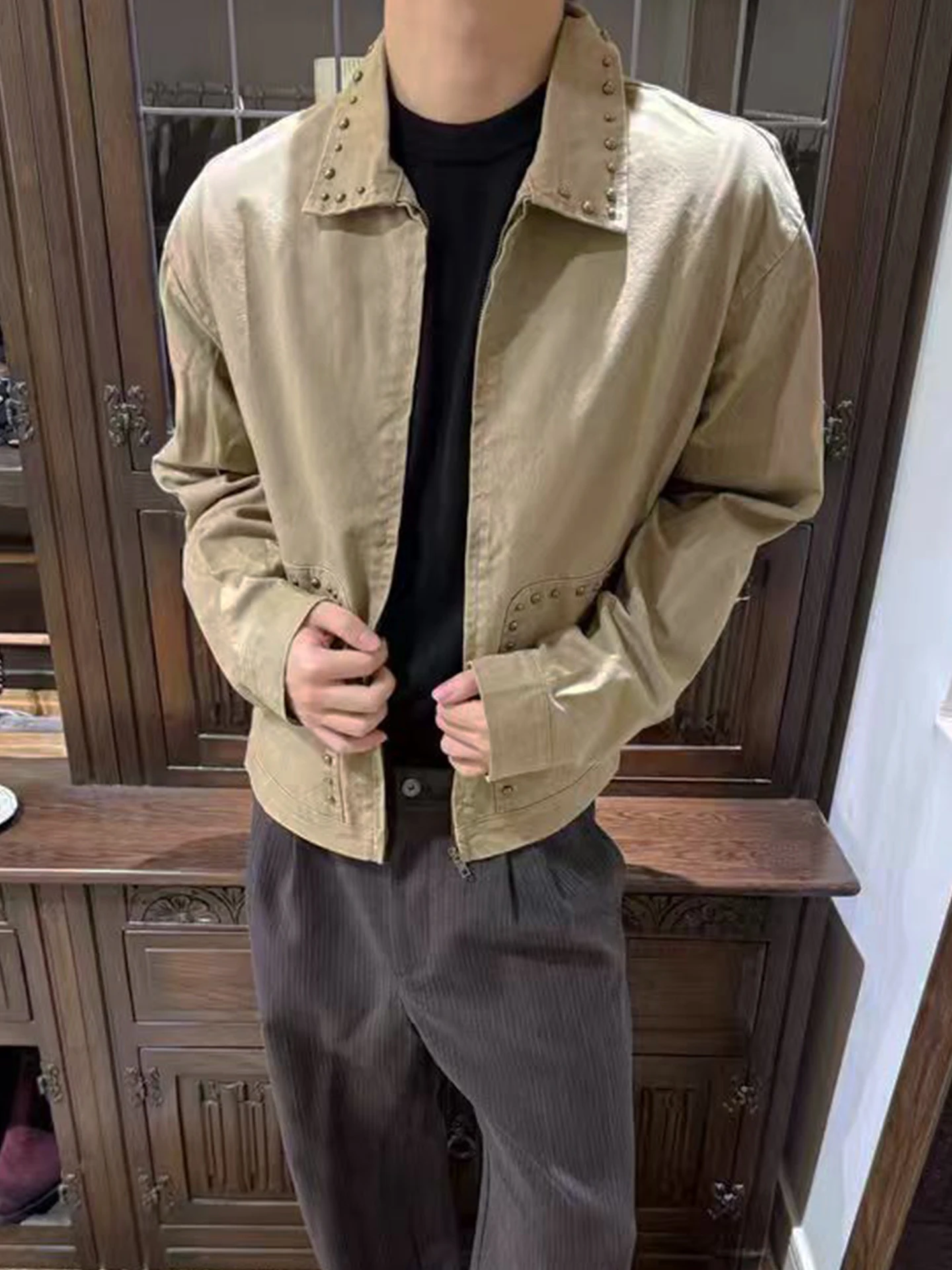 

Мужская повседневная куртка Waed Rivet Workwear с воротником на молнии, свободного кроя, в американском ретро-стиле, весна-осень, для подростков