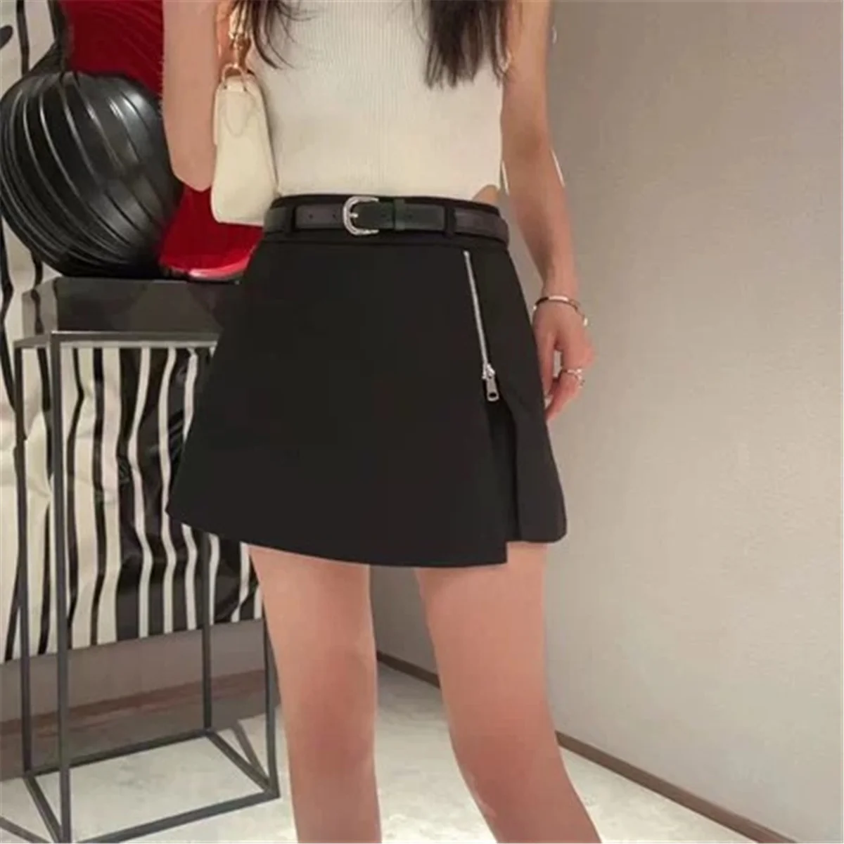 Summer Korean fashion black mini skirts kawaii y2k cute Zipper up skirts for woman high waisted skirts with belt asymmetrical