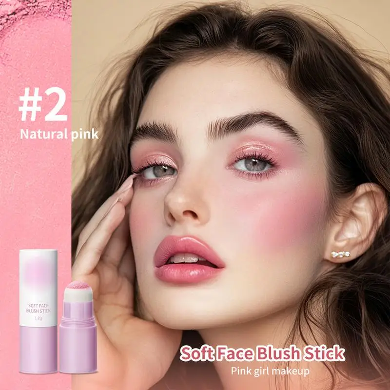 Bâton de fard à joues avec pointe éponge pour femme, baguette de beauté longue tenue, teinte de maquillage pour le visage, look naturel, 1.8g