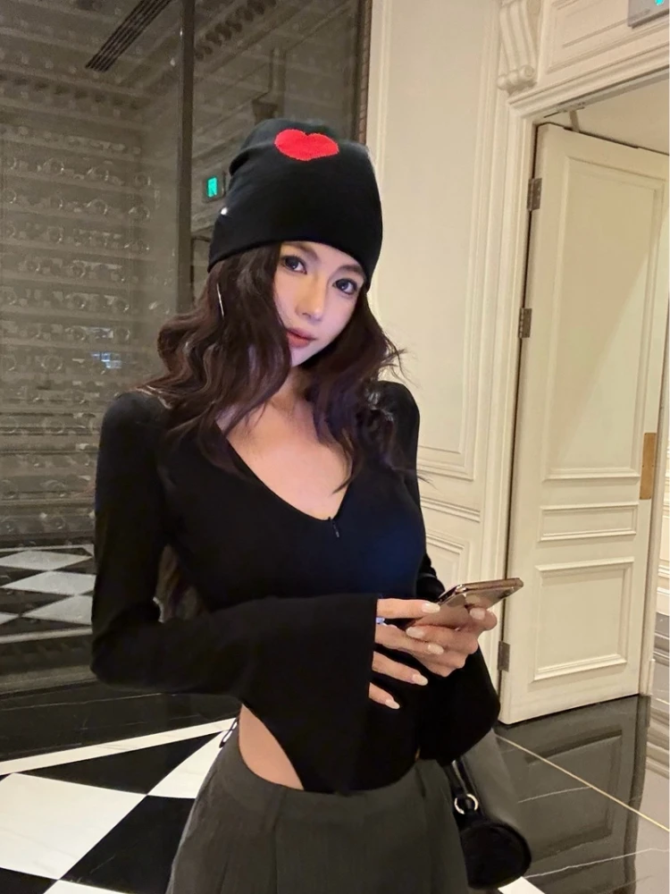 Y2k Aesthetic Sexy Zipper Jumpsuits Autumn Harajuku Grunge Women Flare Sleeve T-shirt Streetwear Slim Fit Vintage Solid Tees