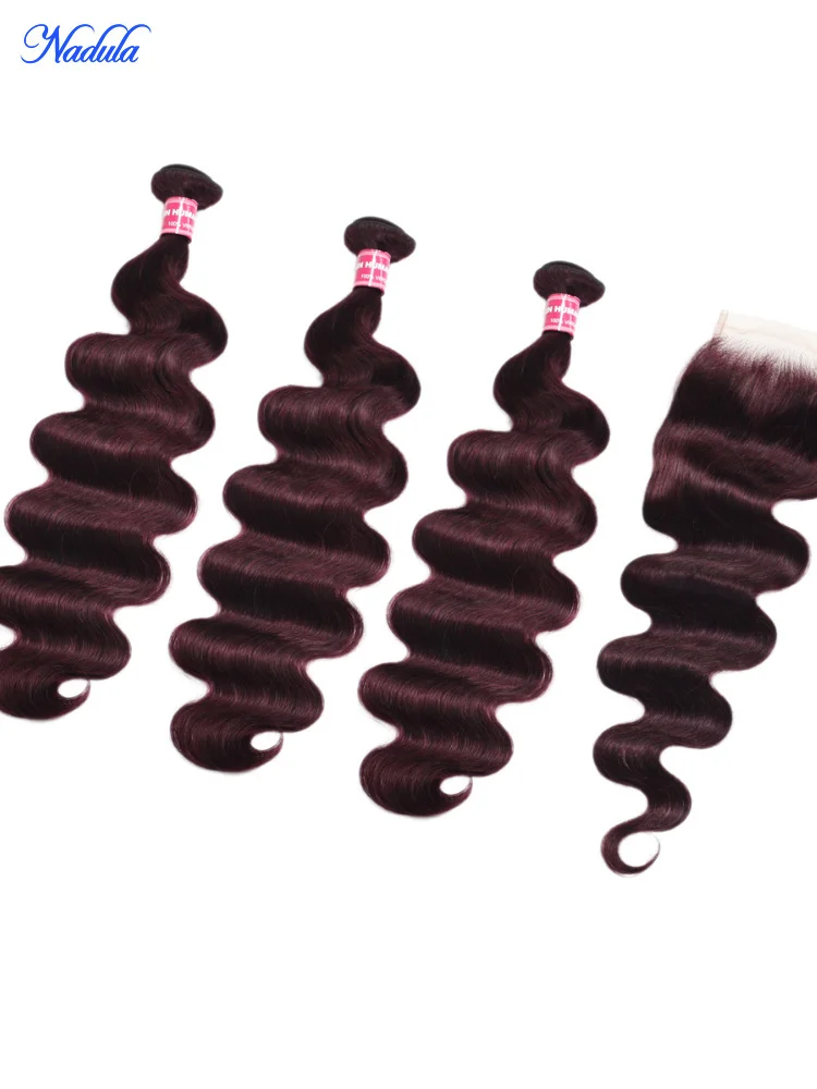 Nadula الكرز الأسود الملونة حزم الشعر البشري مع إغلاق 100% غير المجهزة البرازيلي الجسم موجة عذراء لحمة شعر بشري