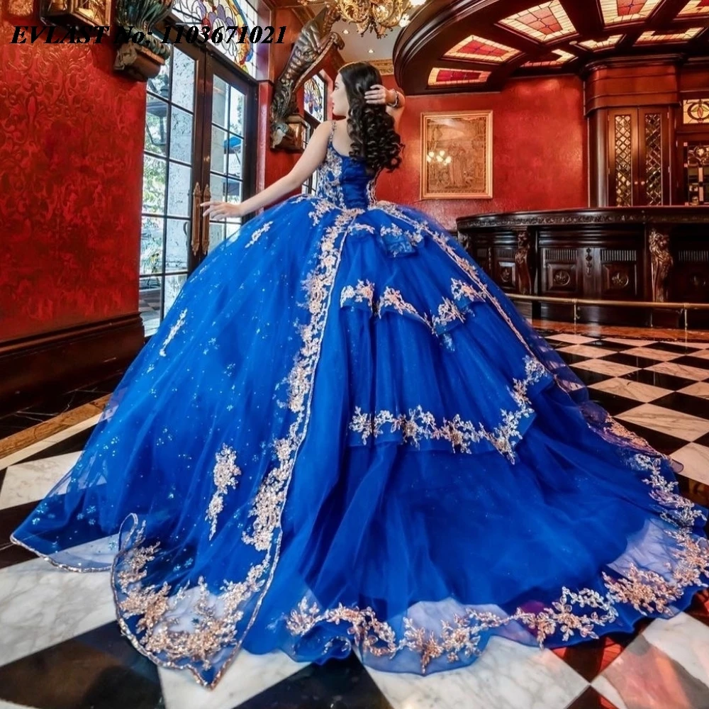 EVLAST блестящее Королевское синее платье Quinceanera, бальное платье, золотистое блестящее платье с накидкой, мексиканское милое платье 16, платья 15 лет SQ753