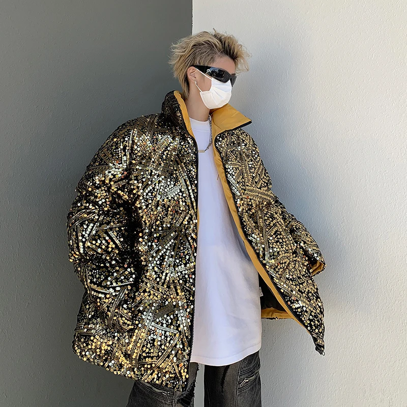 Men Women Winter Sequin Loose Casual Vintage Padded Cotton Jacket Parkas Coat Nightclub Stage Fashion Show Clothes Costumes XXL