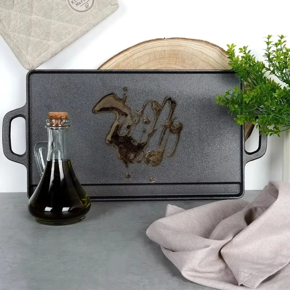 

Double Sided Cast Iron Griddle Reversible Rectangular Shape BBQ Griddle Plate Household Striped Surface Grilling Pan Camping
