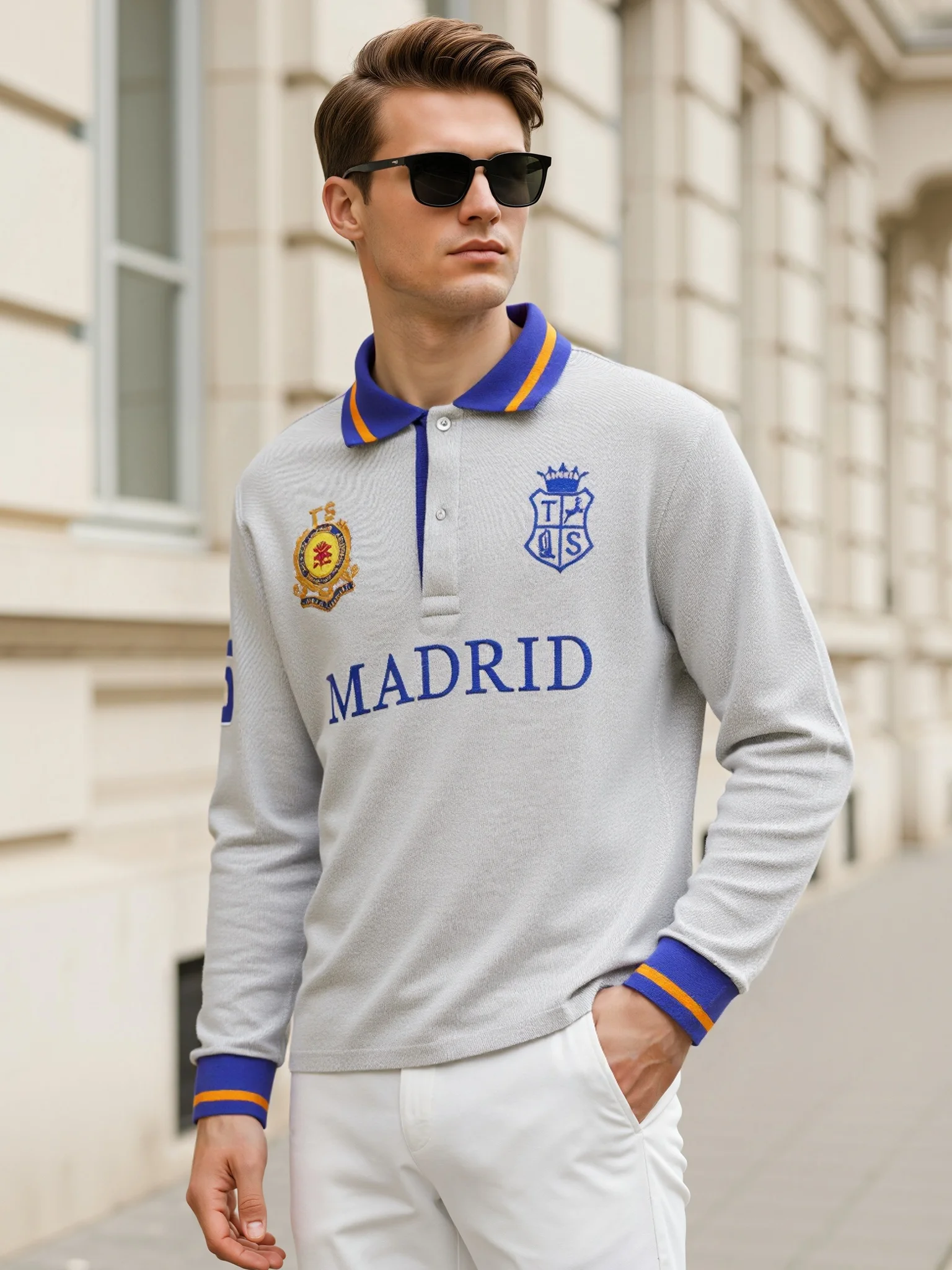 Men\'s polo shirt Madrid long sleeve casual high-end cotton embroidery luxury stitching contrast color original design
