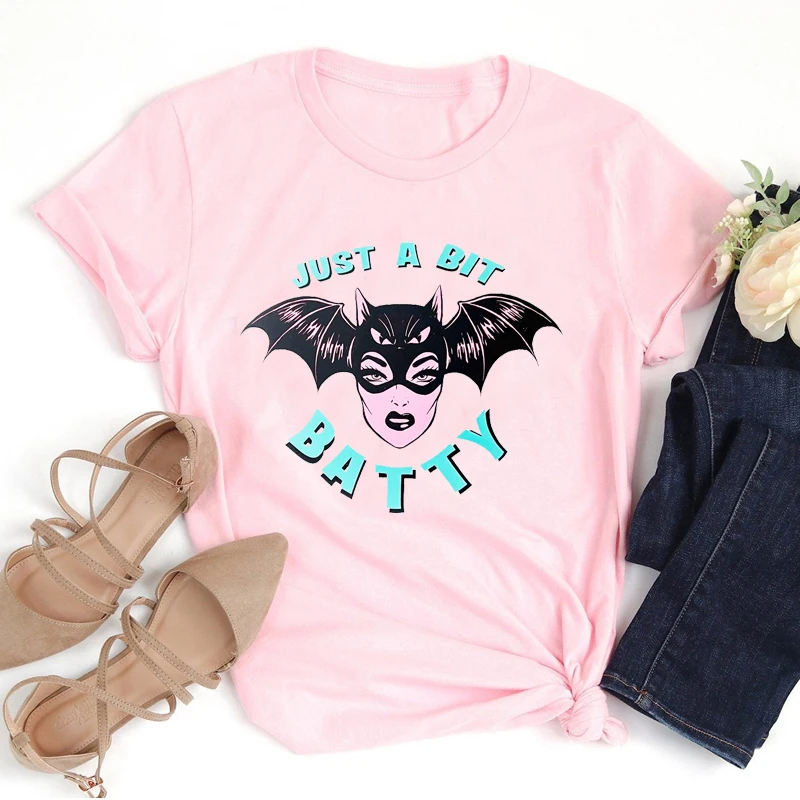 90s Grunge Gothic Clothes Just A Bit Batty Funny Halloween T Shirt for Women Cotton Spooky Withc Horror Dark T-shirt Femme Tops