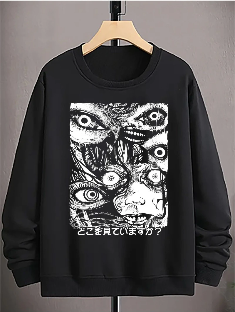 

Базовый свитер с круглым вырезом и мультяшным принтом глаз, повседневная осенне-зимняя толстовка с круглым вырезом 2025 года для мужчин и женщин, топ