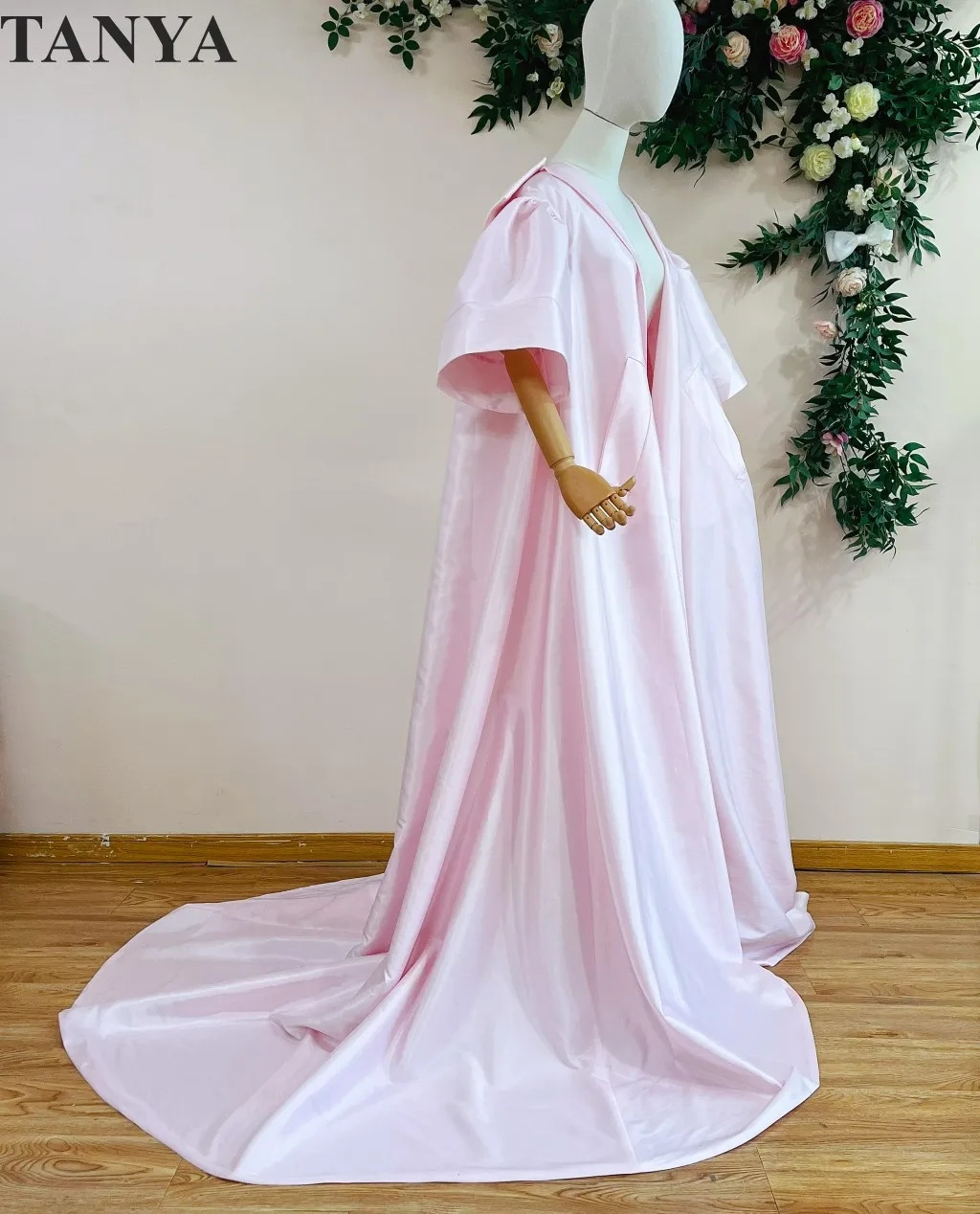 Cape de mariage longue en taffetas rose pour femme, demi manches, perles, soirée, veste Lont, tenue de ligne A, manteau pour femme, costume