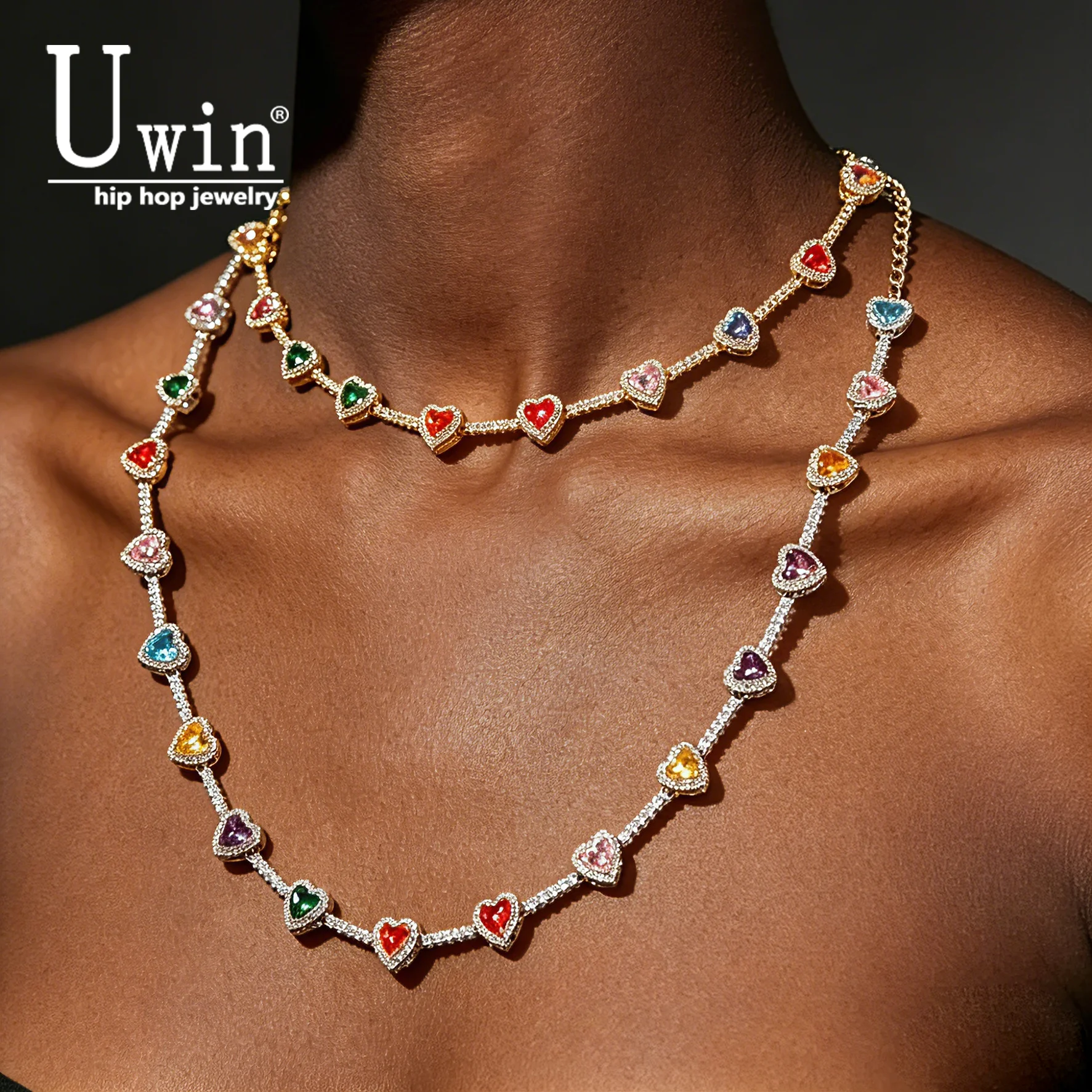 Uwin Adjustable Rainbow Heart CZ Tennis Bracelet Iced Out AAAAA+ Cubic Zirconia Colorful Gem Bracelet For Women Hiphop Jewelry