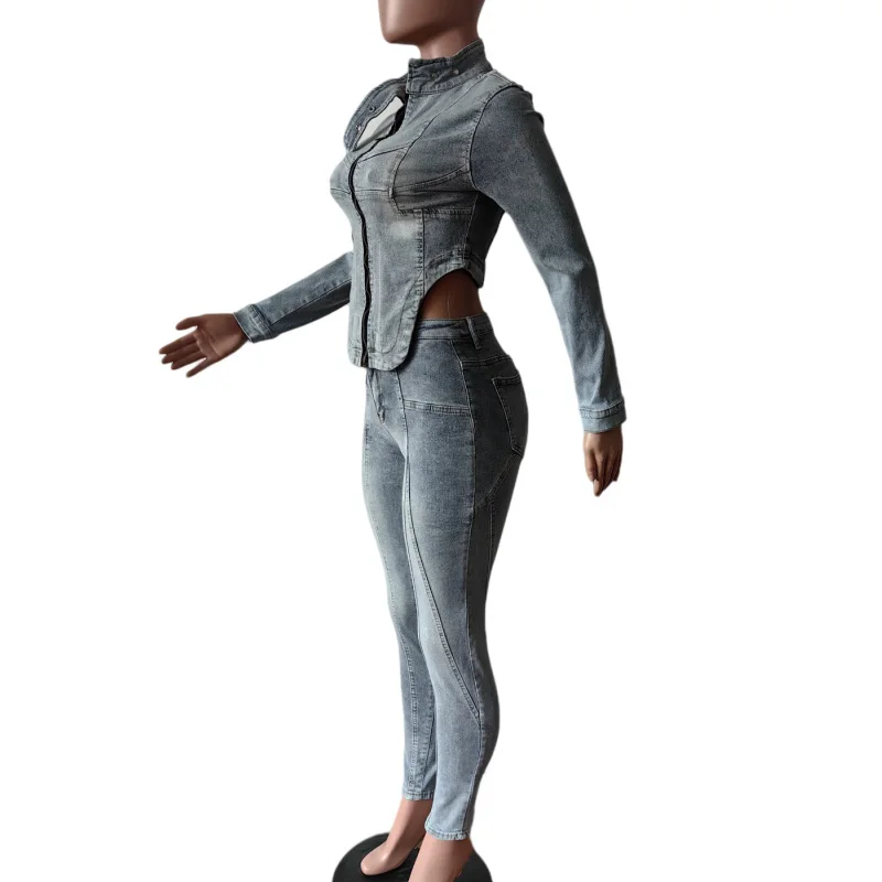 طقم نسائي أنيق من قماش الدنيم بأكمام طويلة وفتحة رقبة على شكل v + بنطلون جينز لخريف 2025 ملابس خروج مكونة من قطعتين بدلة رياضية