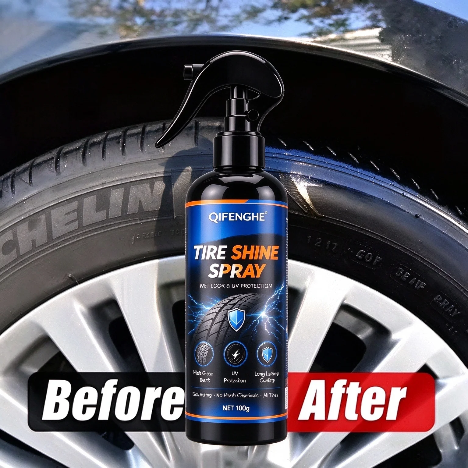 Car Tire Shine Spray High Gloss Wet Look UV Protection Long Lasting Coating Fast Acting All Tires
