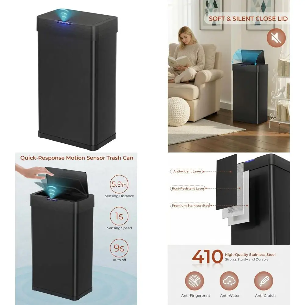 

50L Automatic Touchless Trash Can with Motion Sensor, Stainless Steel Bin for Kitchen, Office, RV, and Home (Black)