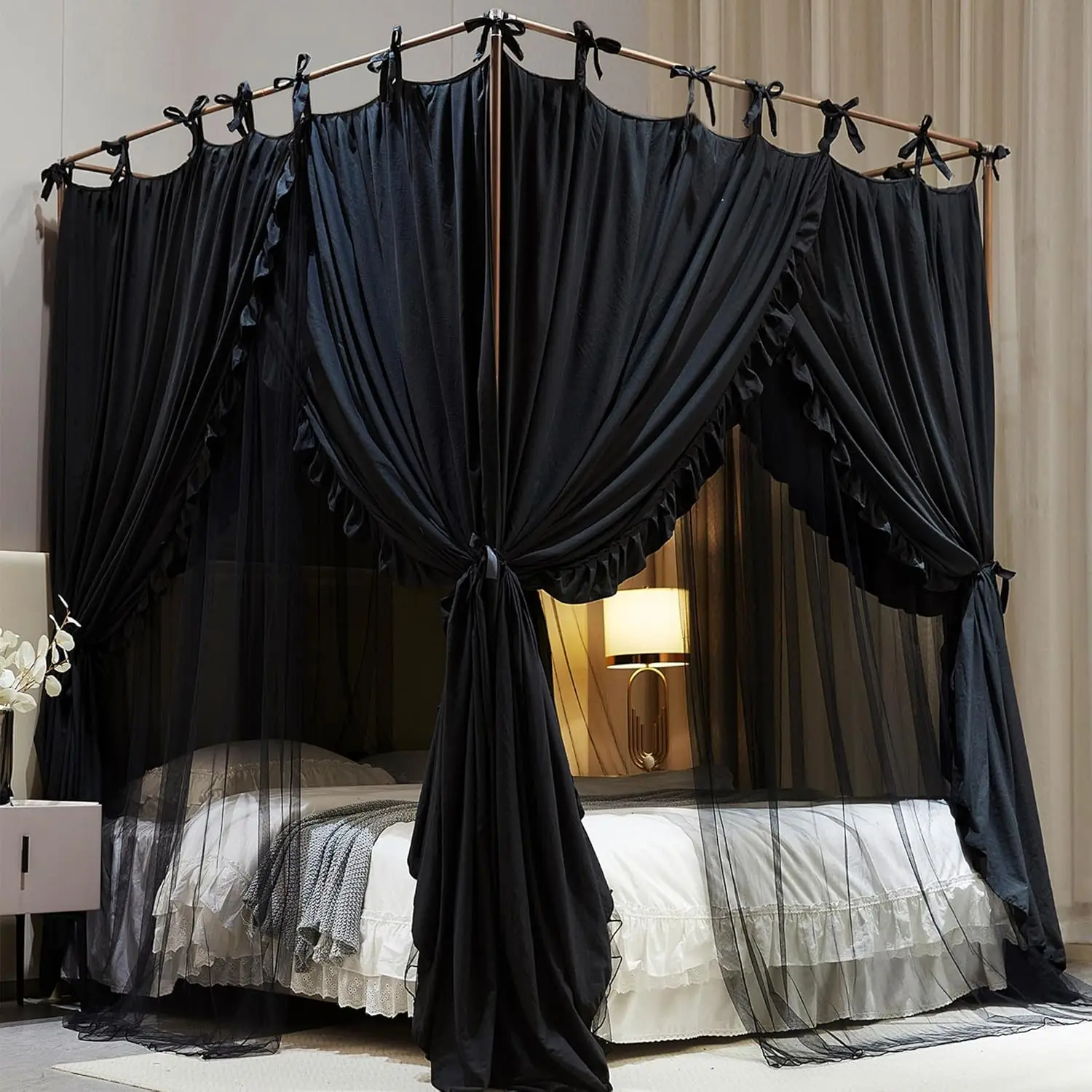 

Double Layer Princess Bed Canopy with Mosquito Net, Black, Queen Size for Girls and Adults