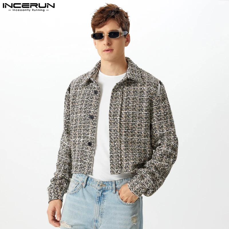 INCERUN New Men's Clothing Fashion Plaid Shoulder Hollow Cropped Design Shirt Handsome Male Hot Selling Long Sleeved Blouse 2024