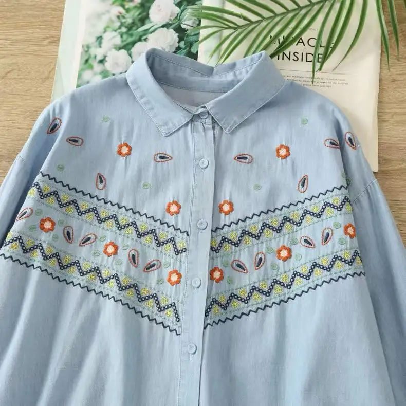 Blusas Bohemias para Mujer 2026, Camisas de Mezclilla con Bordado Geométrico, Tops de Algodón Boho de Manga Larga para Primavera