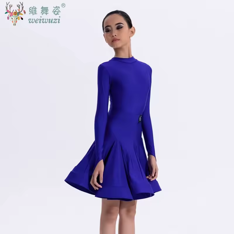 Girls Latin Dance Competition Clothing Glossy Fabric Long Sleeves Dance Dress Kids Cha Rumba Dance Practice Training Wear - Image 6