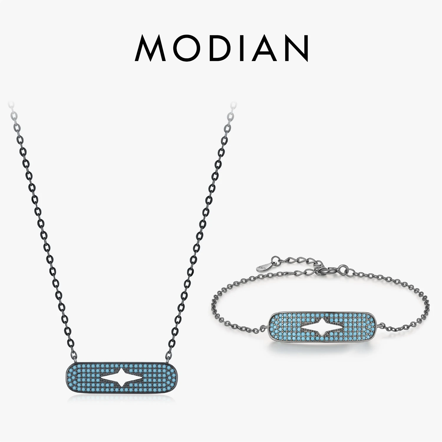 

MODIAN Retro Turquoise Necklace 925 Sterling Silver Black Golden Punk Hollow Stars Bracelet For Women Fine Jewelry Set