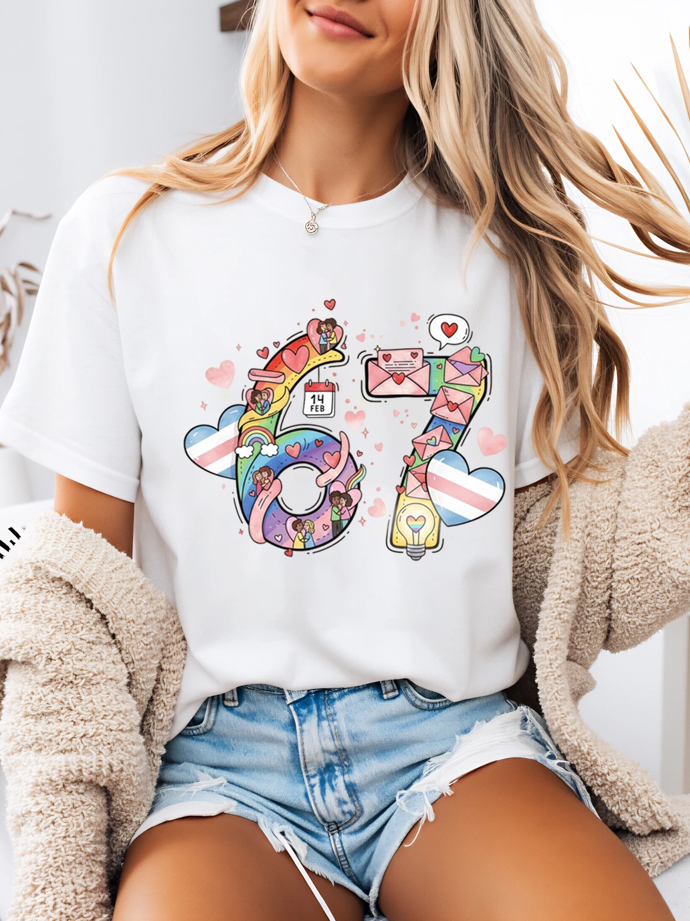 

67 Number Print Valentine's Day T-Shirt Women's Casual Wear Party Outfit White Plus-Size