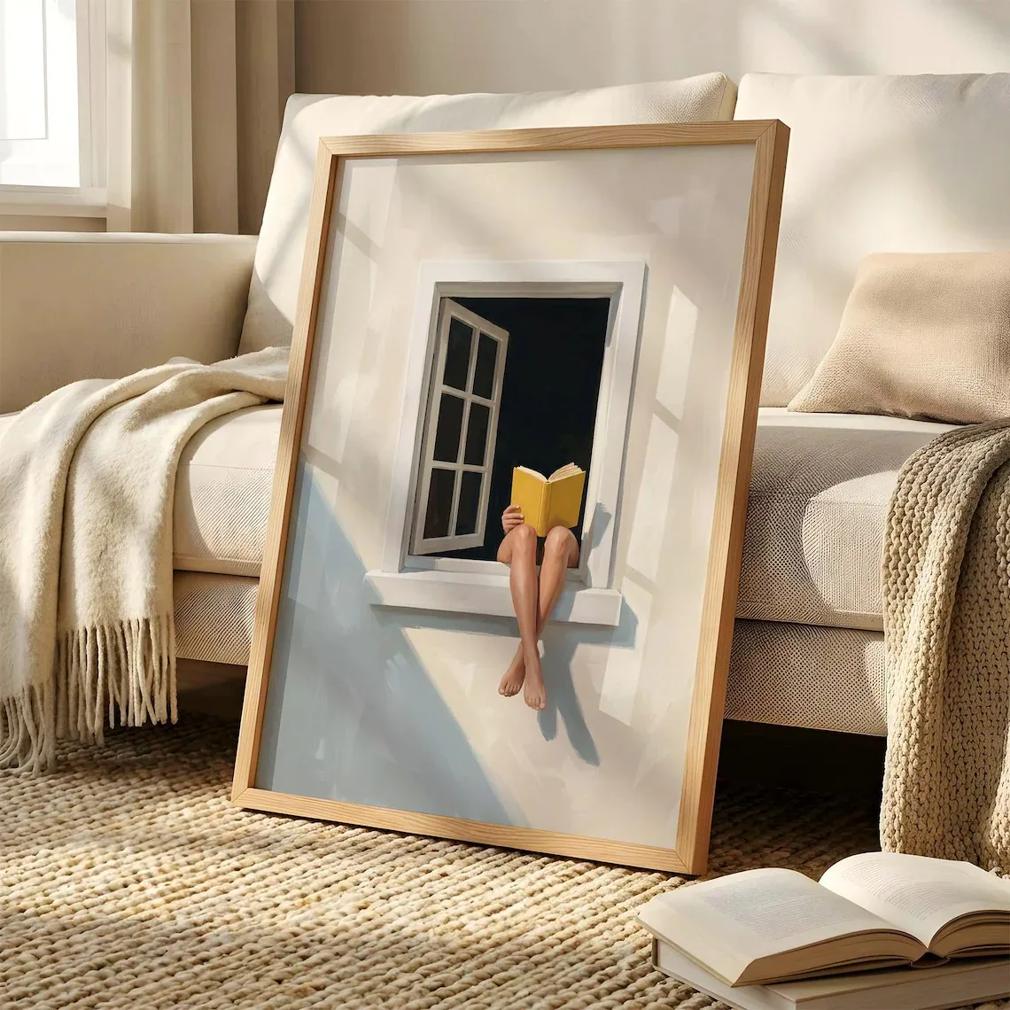 Book Lover Wall Art Minimalist Window Print, Calm Summer Window Scene, Soft Dopamine Home Decor, Cozy Reading Room For Book Nook
