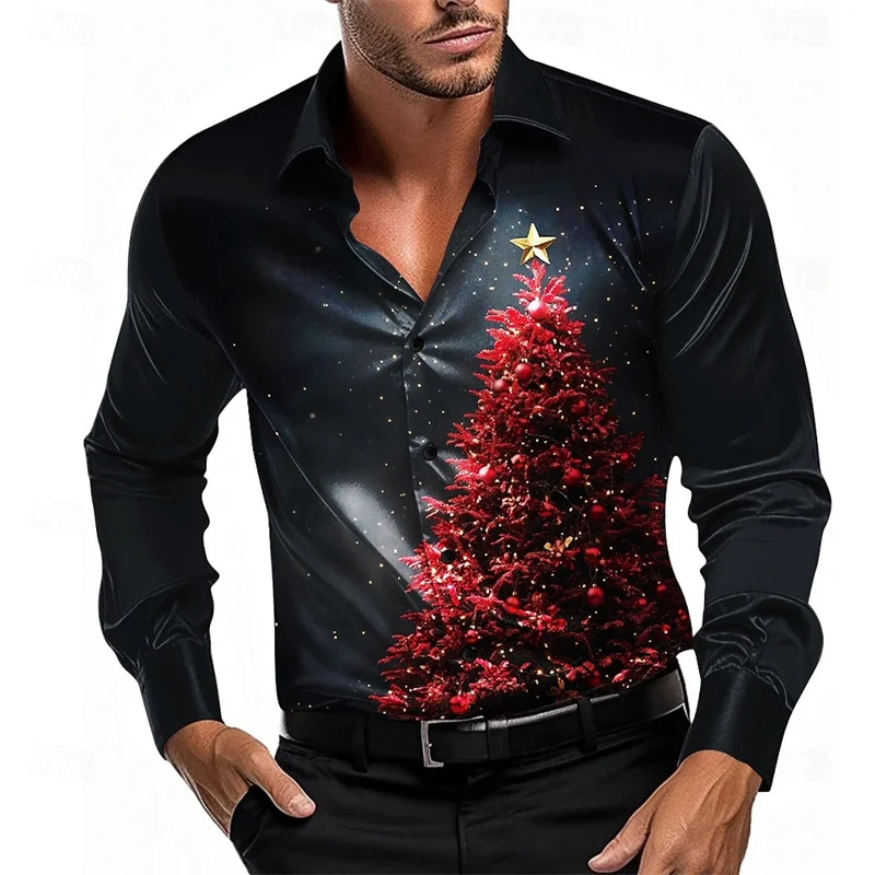 Chemise imprimée d\'arbre de Noël pour hommes, revers boutonné, manches longues, mince, mode décontractée, fête, automne, impression 3D