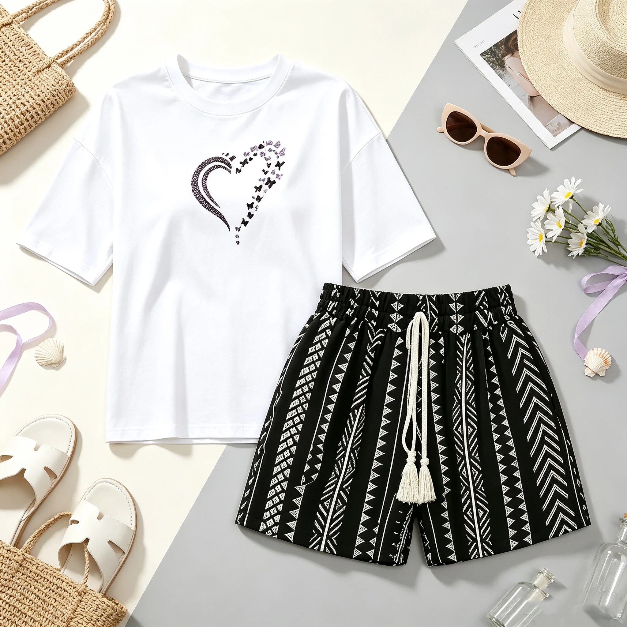 Elegant plus Size Heart-Printed round Neck T-Shirt with Drawstring Geometric Shorts Casual Solid Color Short-Sleeved Set