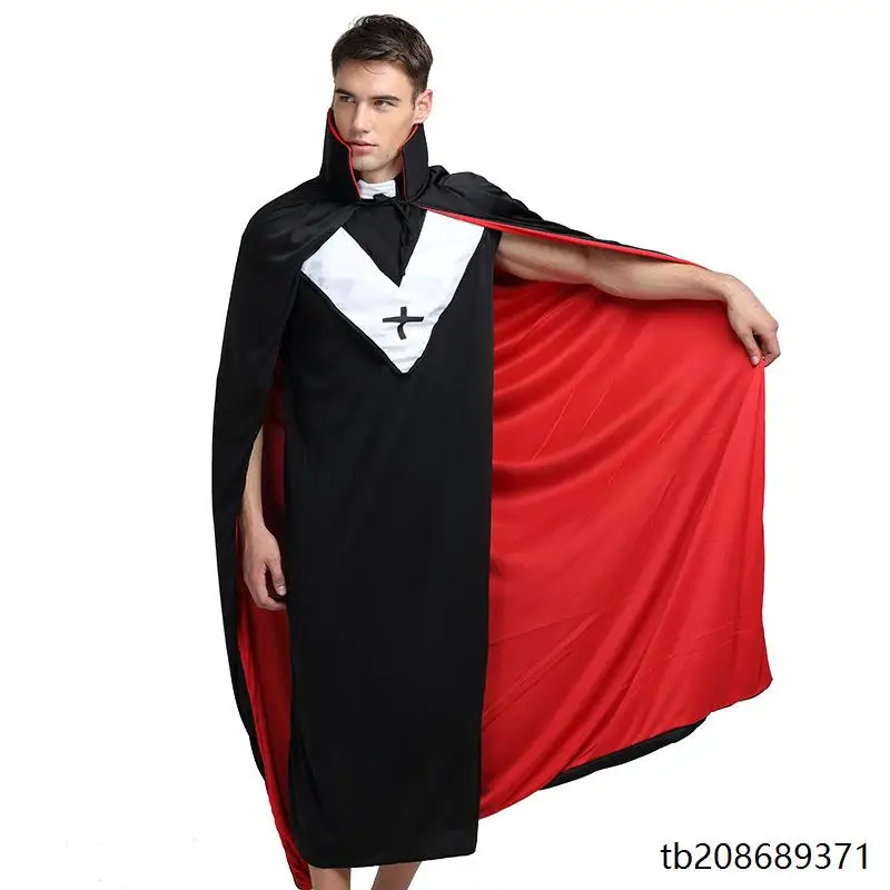 عباءة هالوين بطبقتين بياقة مزدوجة باللونين الأحمر والأسود، زي ساحر أو مصاص دماء أو شيطان، عباءة للبالغين بأسلوب قوطي، أزياء ن... #1