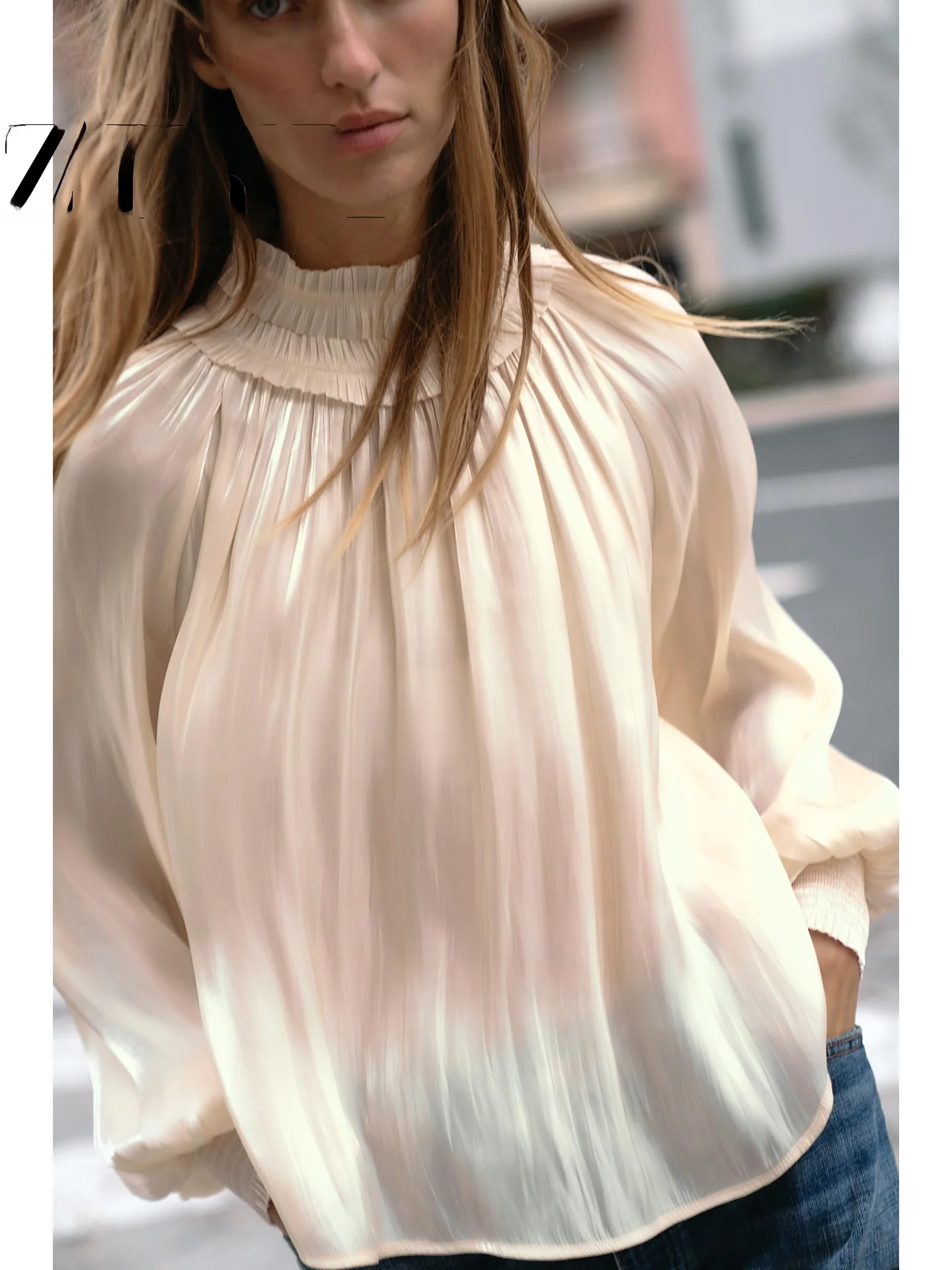 

Summer 2026 New Style Women's Shirt Beautiful Soft Satin Feel Bright Shine Wooden Casual Loose Fit Long Sleeve Stand Collar