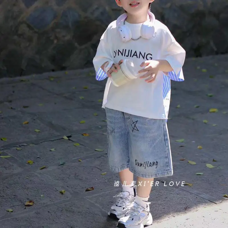 Korean Clothes for Children Boys' Summer Striped Splicing T-shirt 2025 New Handsome Short Sleeved Top Loose Denim Shorts 2-10Y