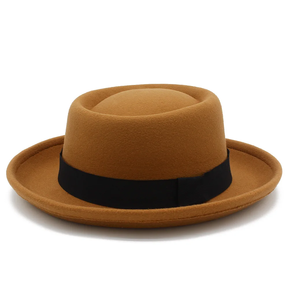 Vintage Pork Pie Hat for Men Wide Brim Wool Felt Black Band  display picture 2