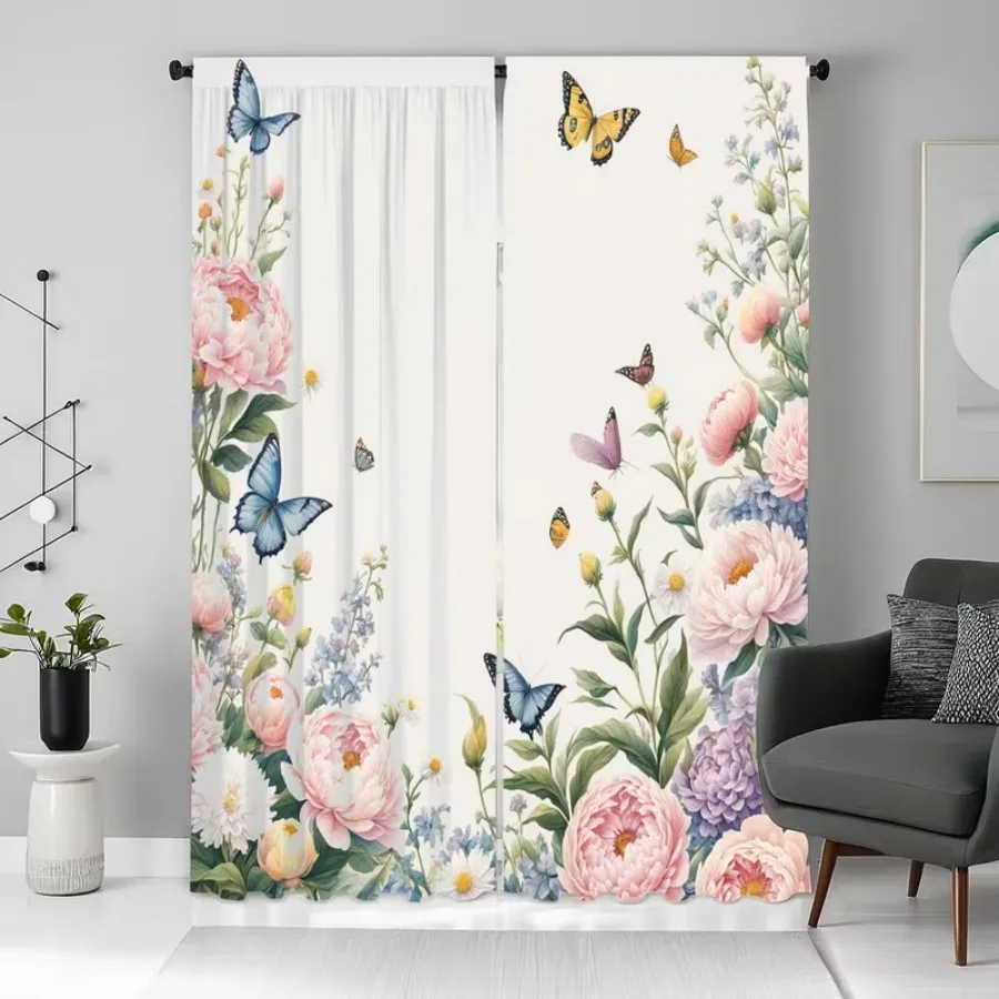2 PCS Colorful Butterfly Curtains, Fresh Natural Style Window Drapes for Living Room Bedroom Home Decor Polyester Rod Pocket