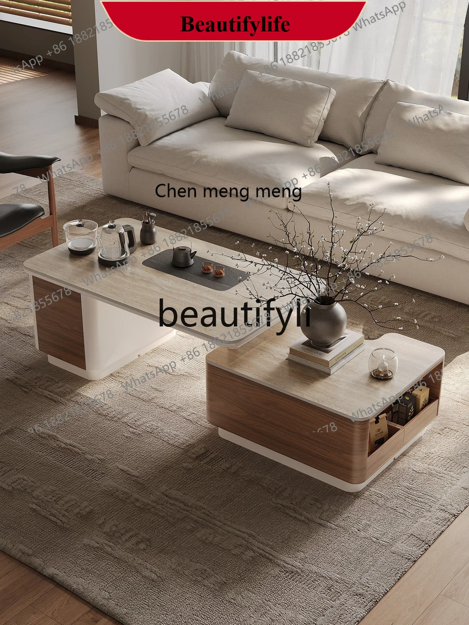 

D178 Retractable coffee table living room home new travertine rock slab advanced light luxury tea table